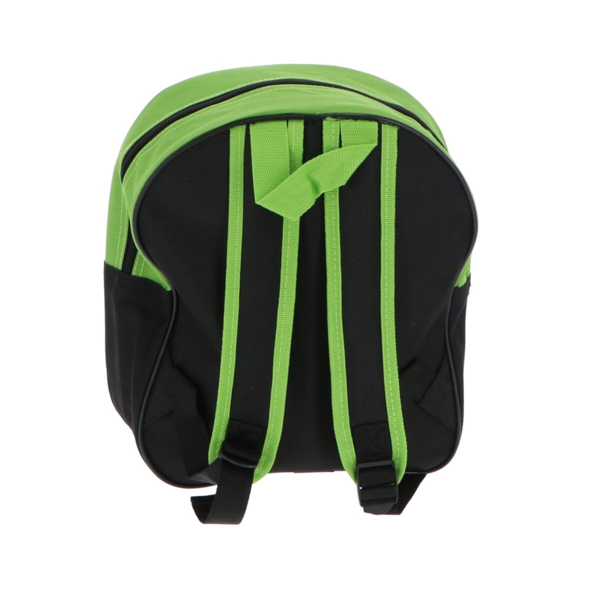 Rucksack mit schwarzem Körper und grünen Trägern. Der Hintergrund ist einfarbig weiß.