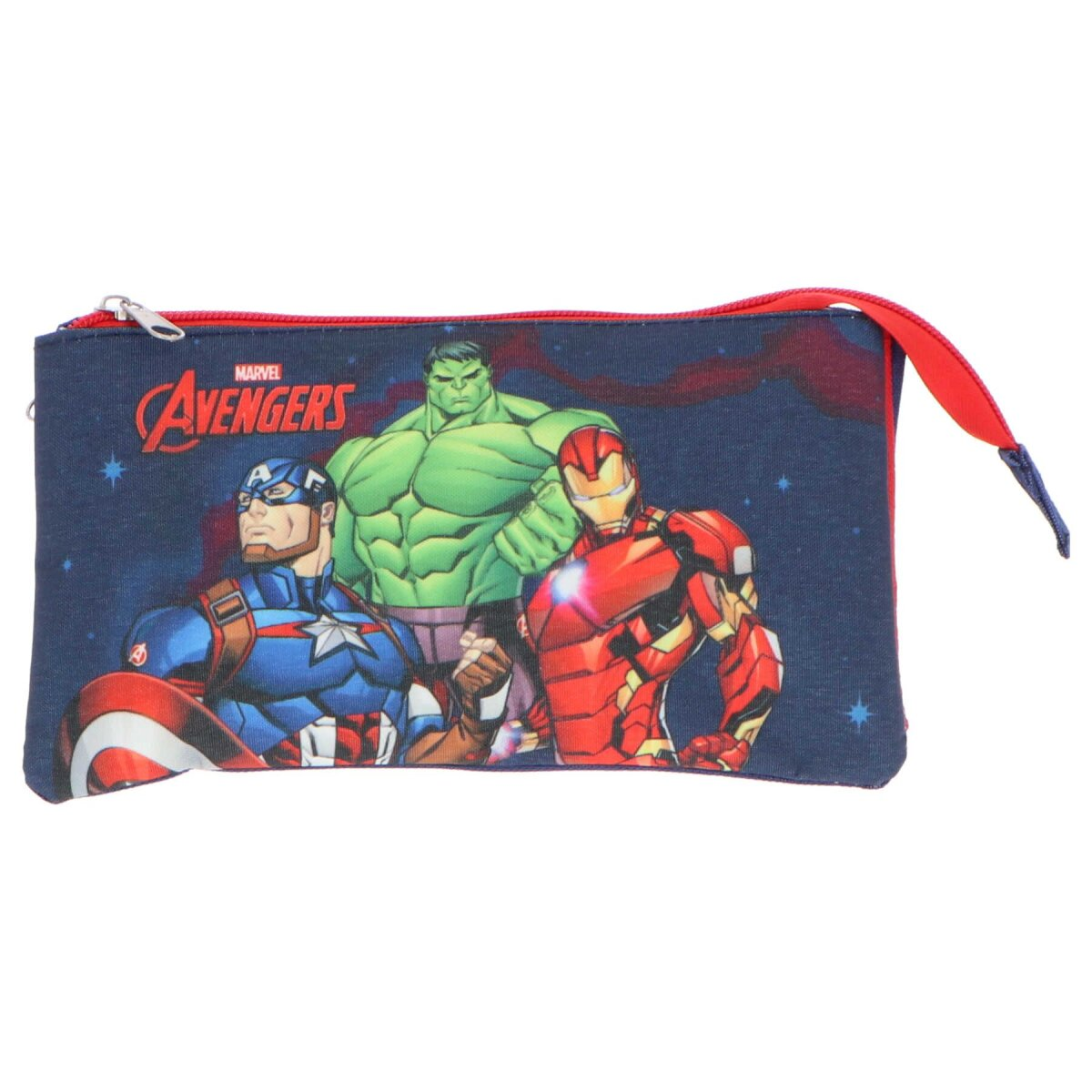 Avengers Federmäppchen mit Captain America, Hulk und Iron Man. Blauer Hintergrund, Reißverschluss.