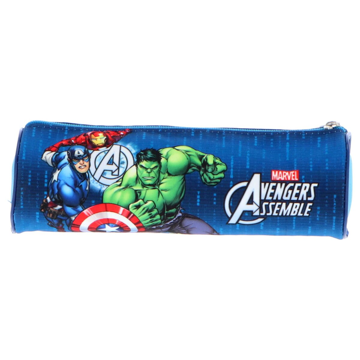 Federmäppchen mit Marvel Avengers-Charakteren. Blauer Hintergrund, Captain America, Hulk, Iron Man.