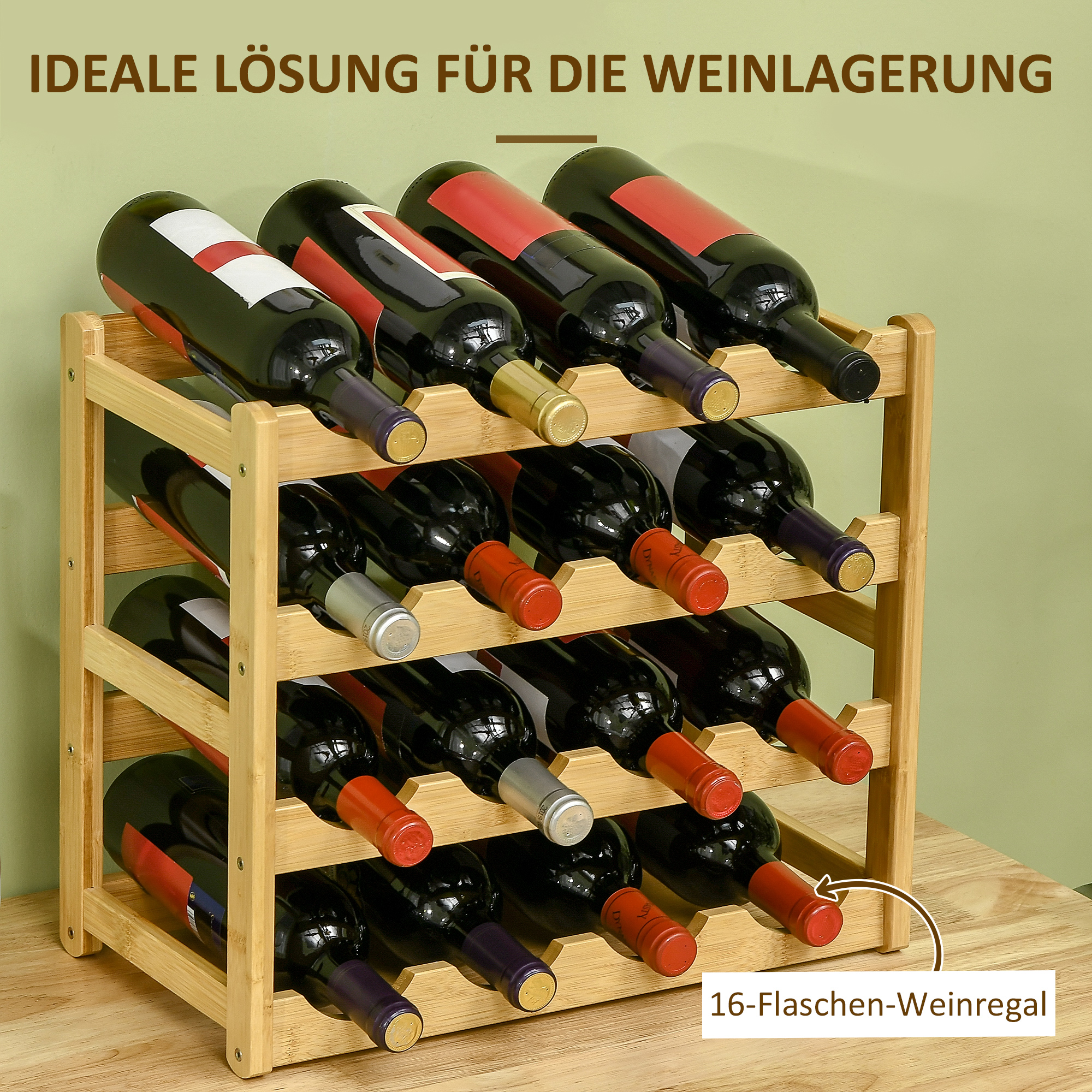 Weinregal aus Holz mit Weinflaschen. Hintergrund ist eine grüne Wand und Text "16-Flaschen-Weinregal".