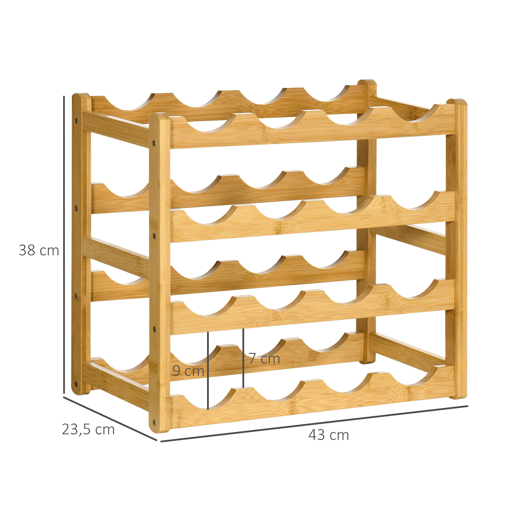 Weinregal aus Holz mit beschrifteten Abmessungen. Es besteht aus Bambus und hat 18 Fächer für Weinflaschen.