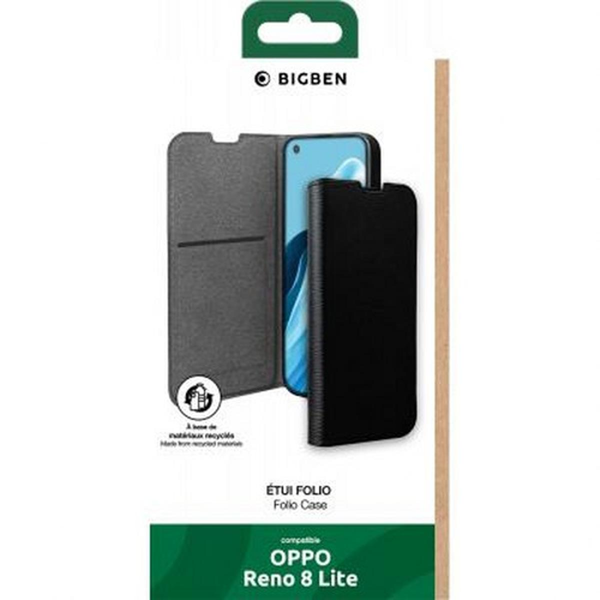 Custodia a libro nera OPPO Reno 8 Lite. La custodia è aperta, mostra il telefono. Sfondo bianco.