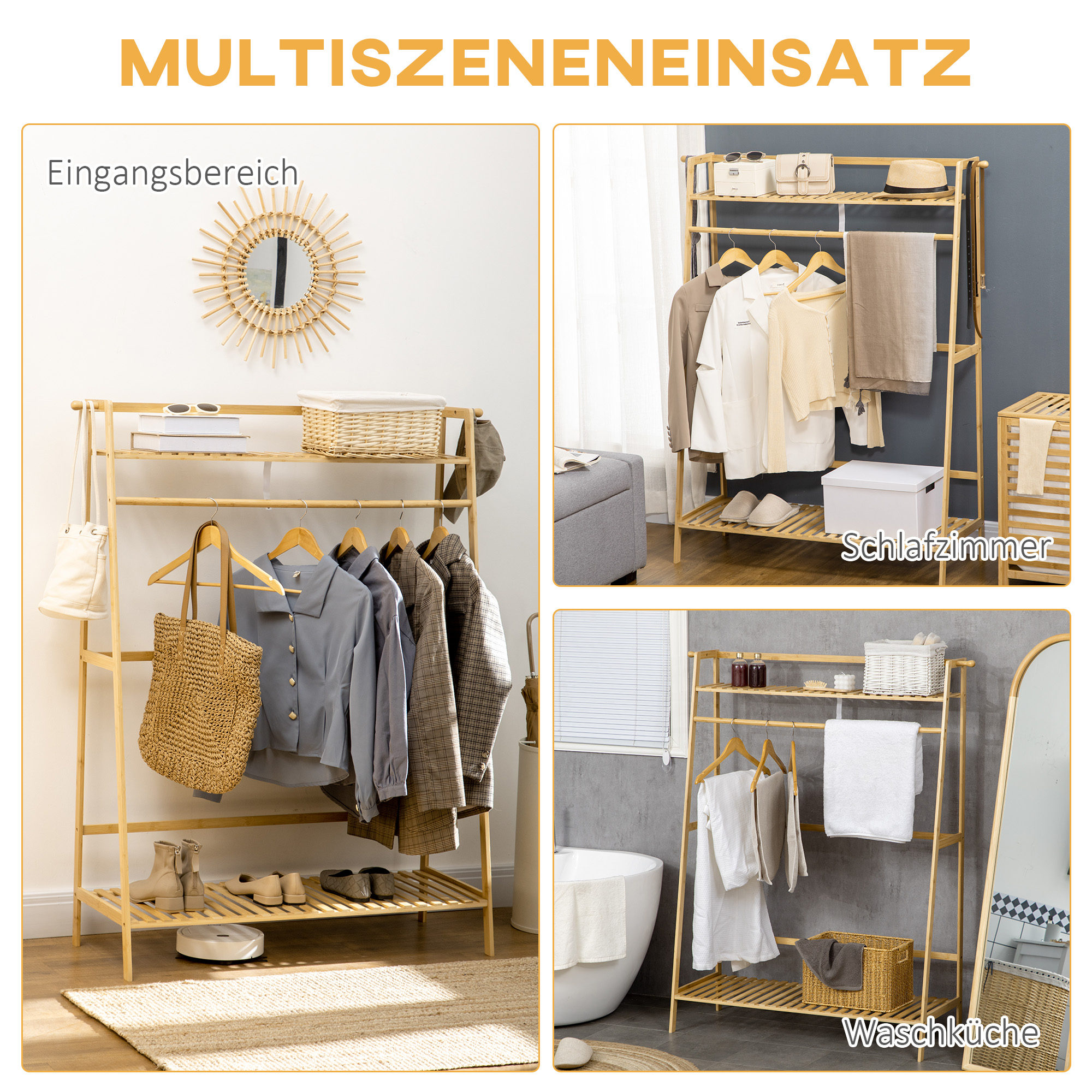Drei Bilder, die Kleiderständer-Setups in verschiedenen Räumen zeigen: Eingang, Schlafzimmer und Badezimmer.