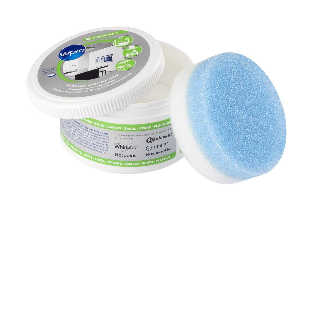 Biały słoik z produktem czyszczącym. Obok niebiesko-biała gąbka. Pokrywka jest zdjęta.