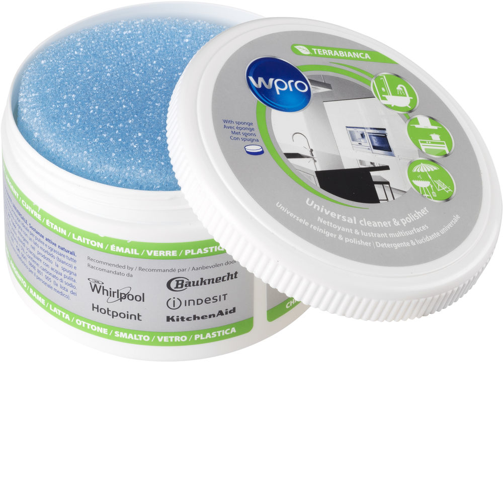 Otwarty pojemnik z niebieską gąbką i etykietą produktu. Biała pokrywa, niebieska gąbka.