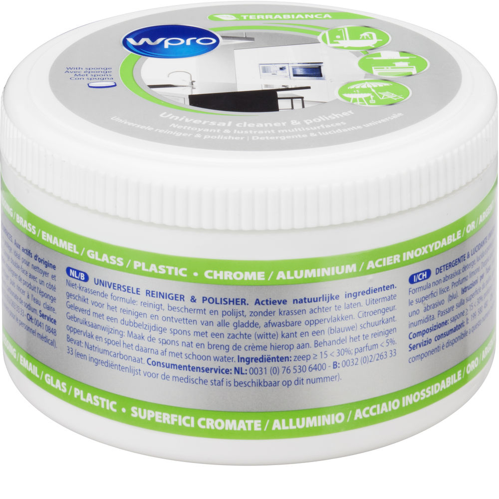 Otwarty pojemnik z niebieską gąbką i etykietą produktu. Biała pokrywa, niebieska gąbka.