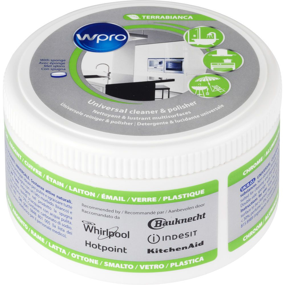 Biały słoik z produktem czyszczącym. Pokrywka jest nałożona, z tekstem i logo różnych marek.