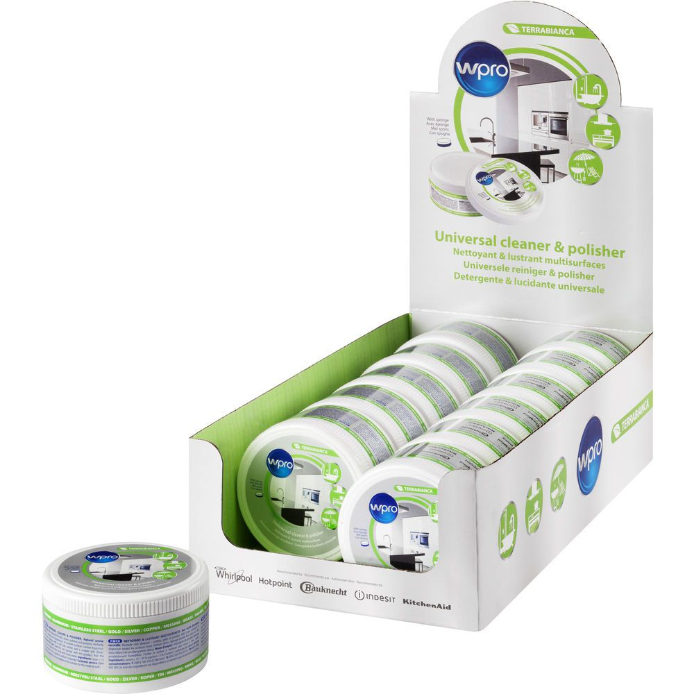 Pudełko ekspozycyjne z wieloma pojemnikami na środki czyszczące. Białe pojemniki.