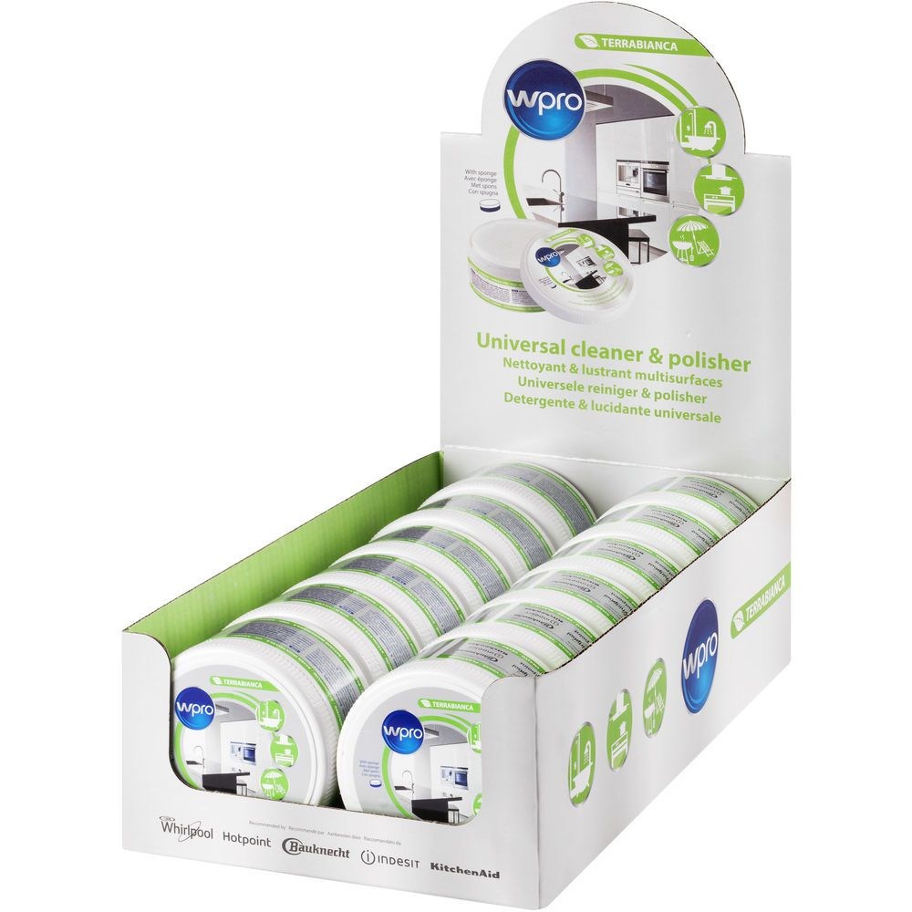 Pudełko ekspozycyjne z wieloma pojemnikami na środki czyszczące. Białe pojemniki.