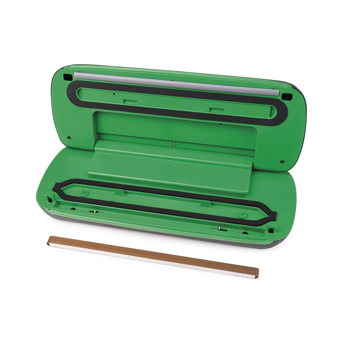 Zielona zgrzewarka próżniowa, otwarta, pokazująca obszar zgrzewania.