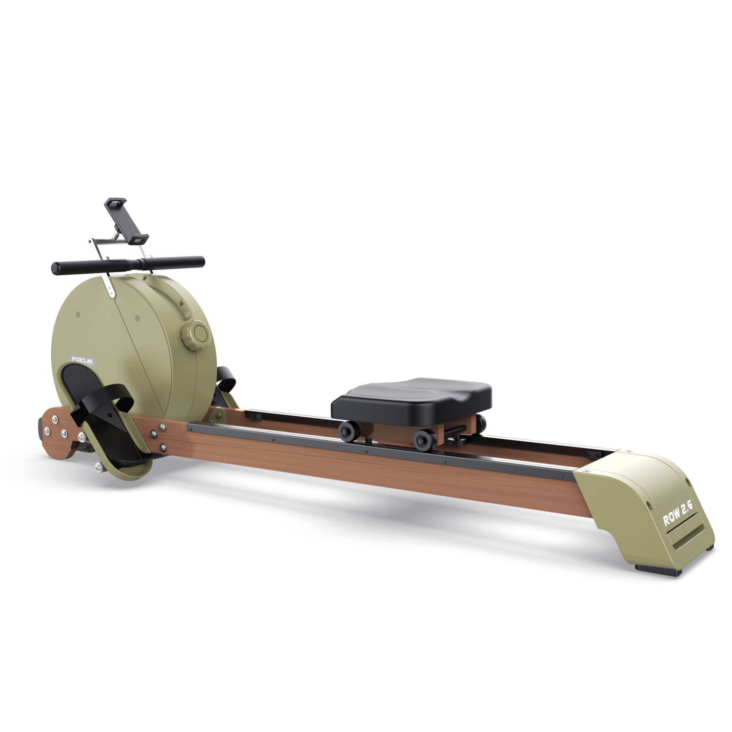 Rowing machine with green body, wooden base, black seat, and a phone holder.