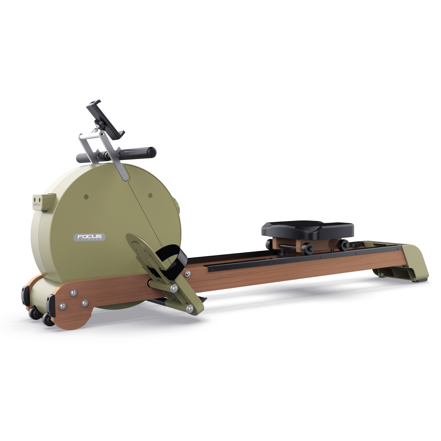 Rowing machine with green body, wooden base, black seat, and a phone holder.