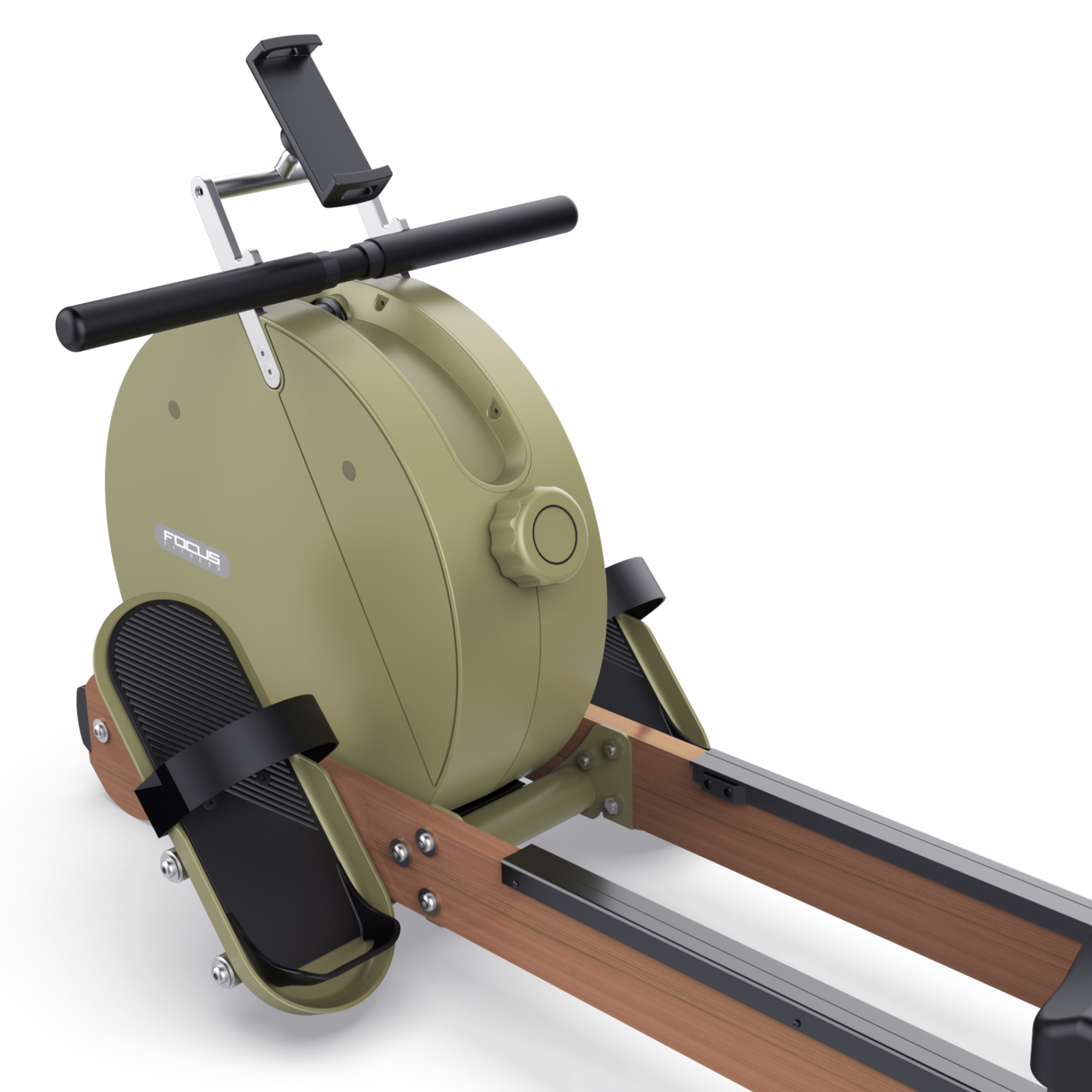 Close-up of rowing machine showing green body, wooden base, and phone holder.