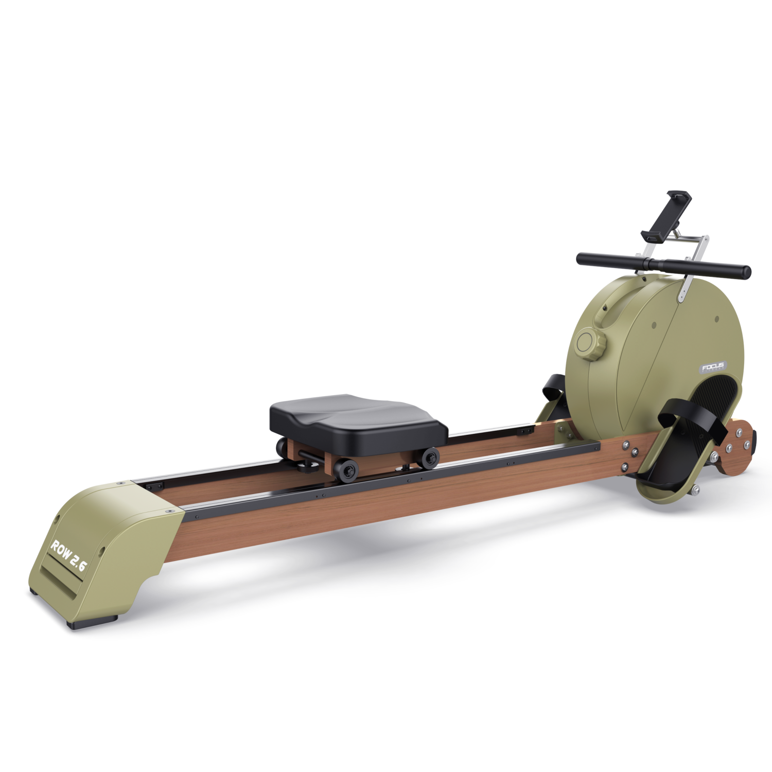 Rowing machine with green body, wooden base, black seat, and a phone holder.