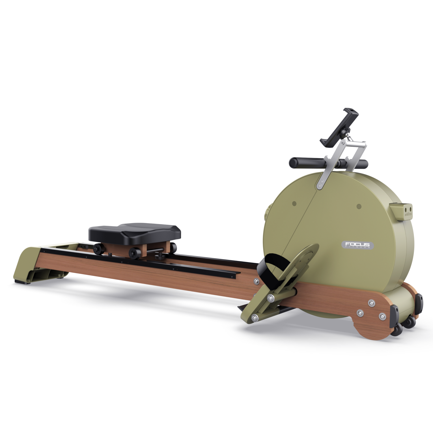 Green rowing machine with wooden frame and black seat, details visible.