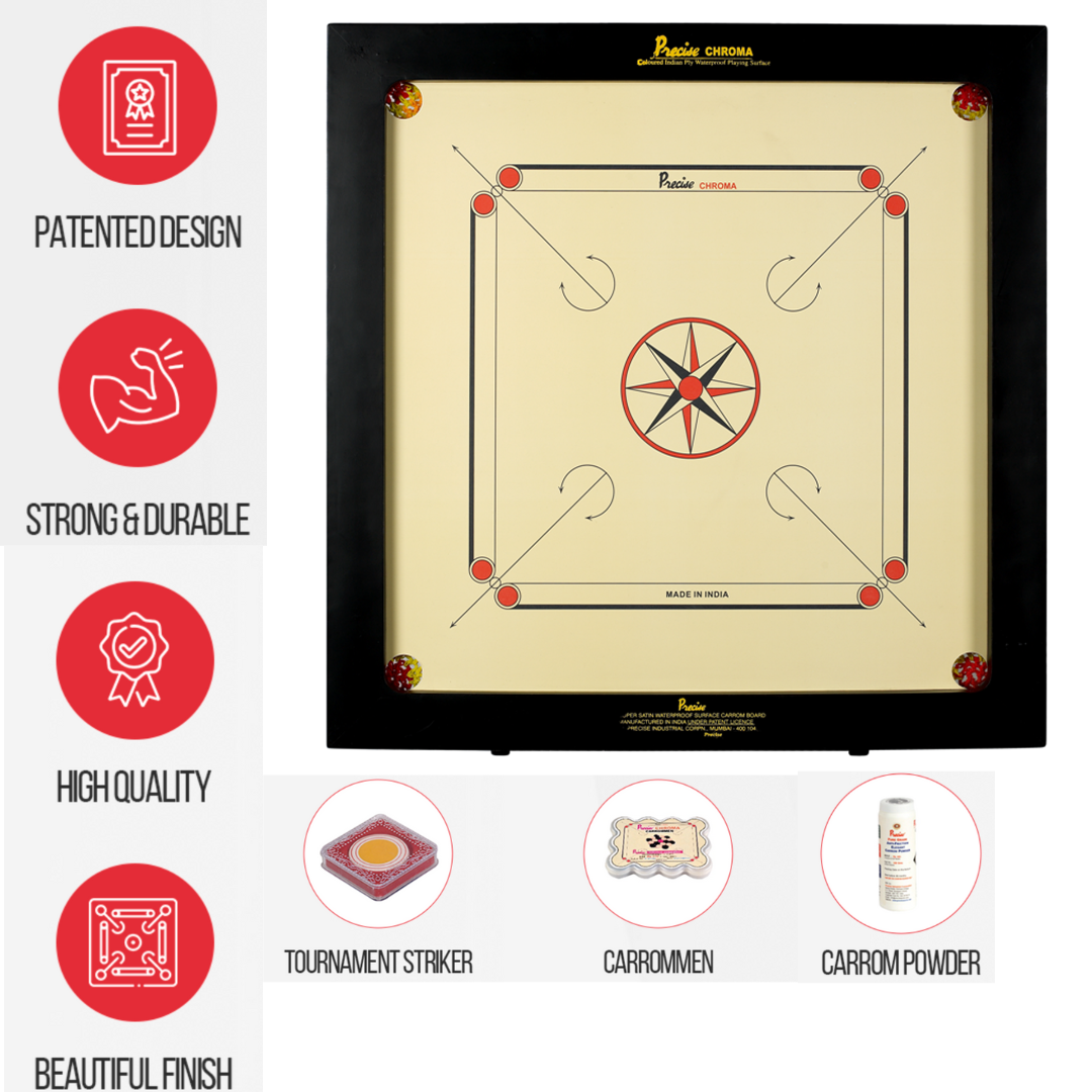 Carrom-Brett mit schwarzem Rahmen, roten und gelben Teilen und Textbeschriftungen.