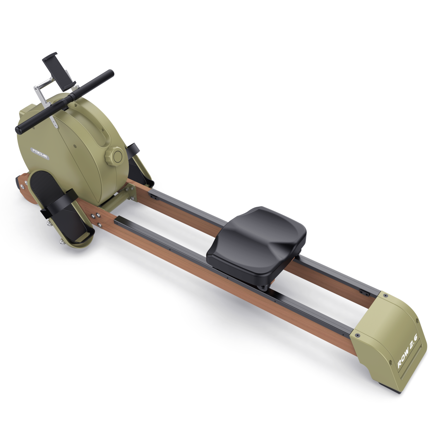 Olive green rowing machine with wooden rails and a black seat, isolated on white.