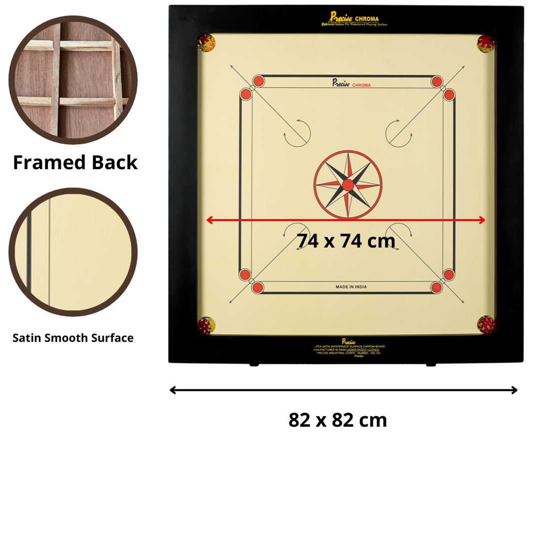 Carrom-Brett mit schwarzem Rahmen, Abmessungen gezeigt und Detail von Rückseite und Oberfläche.