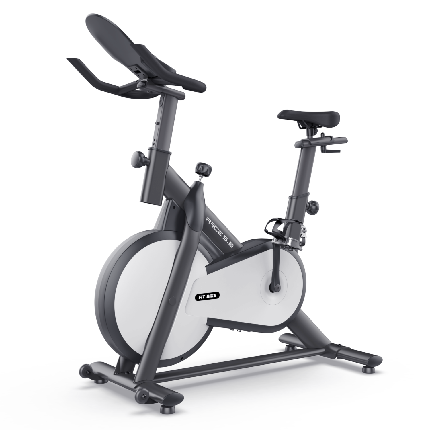 Stationaire hometrainer, donkergrijs en wit, met details, geïsoleerd op witte achtergrond.