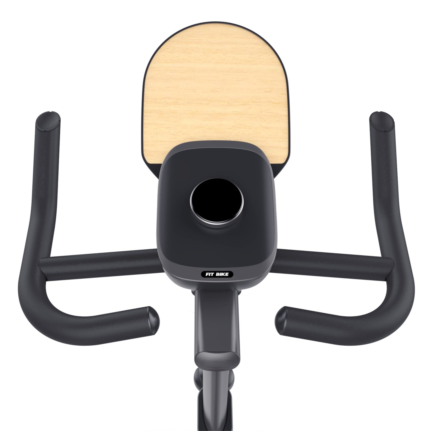 Stuur en console van hometrainer, houten detail, zwart frame, geïsoleerd op wit.