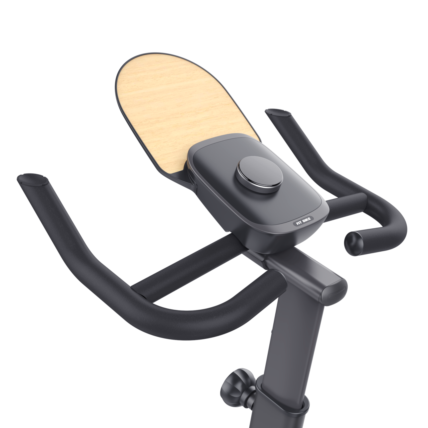 Close-up van het stuur van een hometrainer, met een houten paneel en een bedieningsknop.