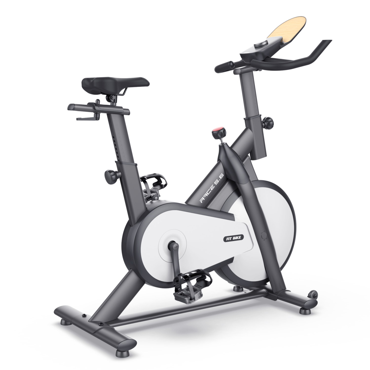 Hometrainer, donkergrijs en wit, met details, geïsoleerd op witte achtergrond.
