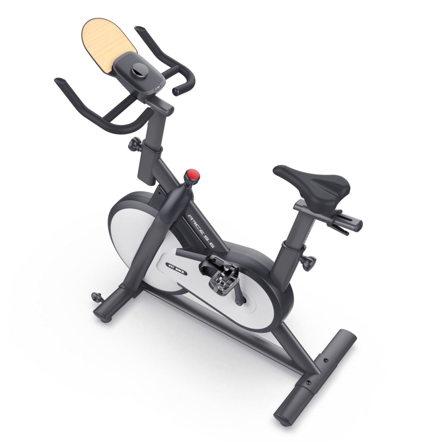 Hometrainer, donkergrijs, bovenaanzicht met detail, geïsoleerd op witte achtergrond.