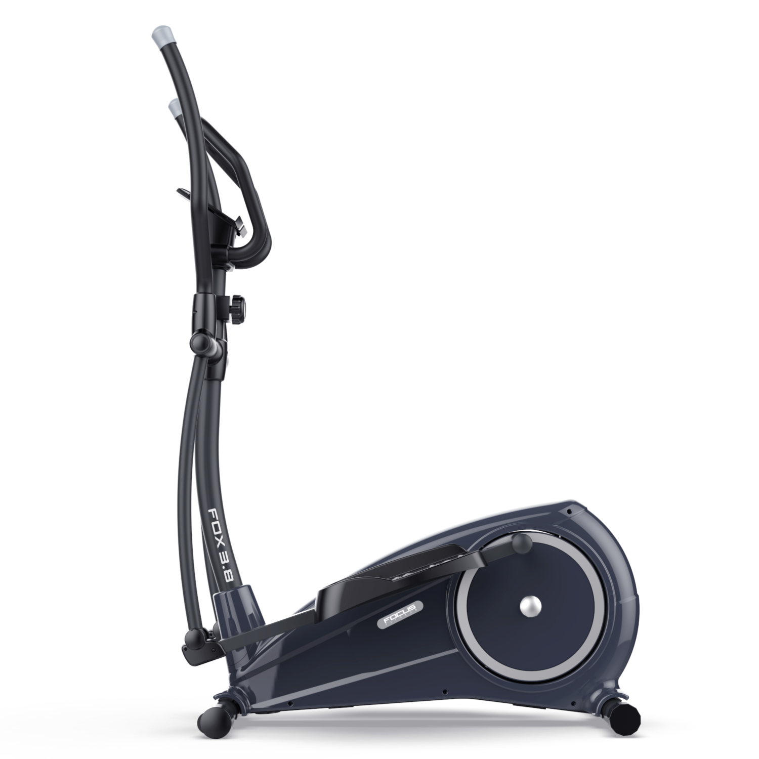 Vélo elliptique, gris foncé, avec détails, isolé sur fond blanc.