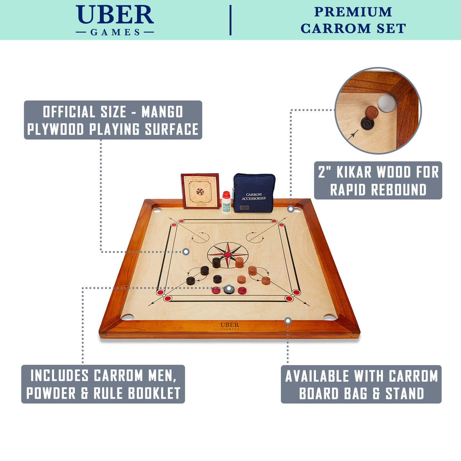 Ein Carrom-Set mit einem Holzbrett, Spielsteinen und Zubehör.