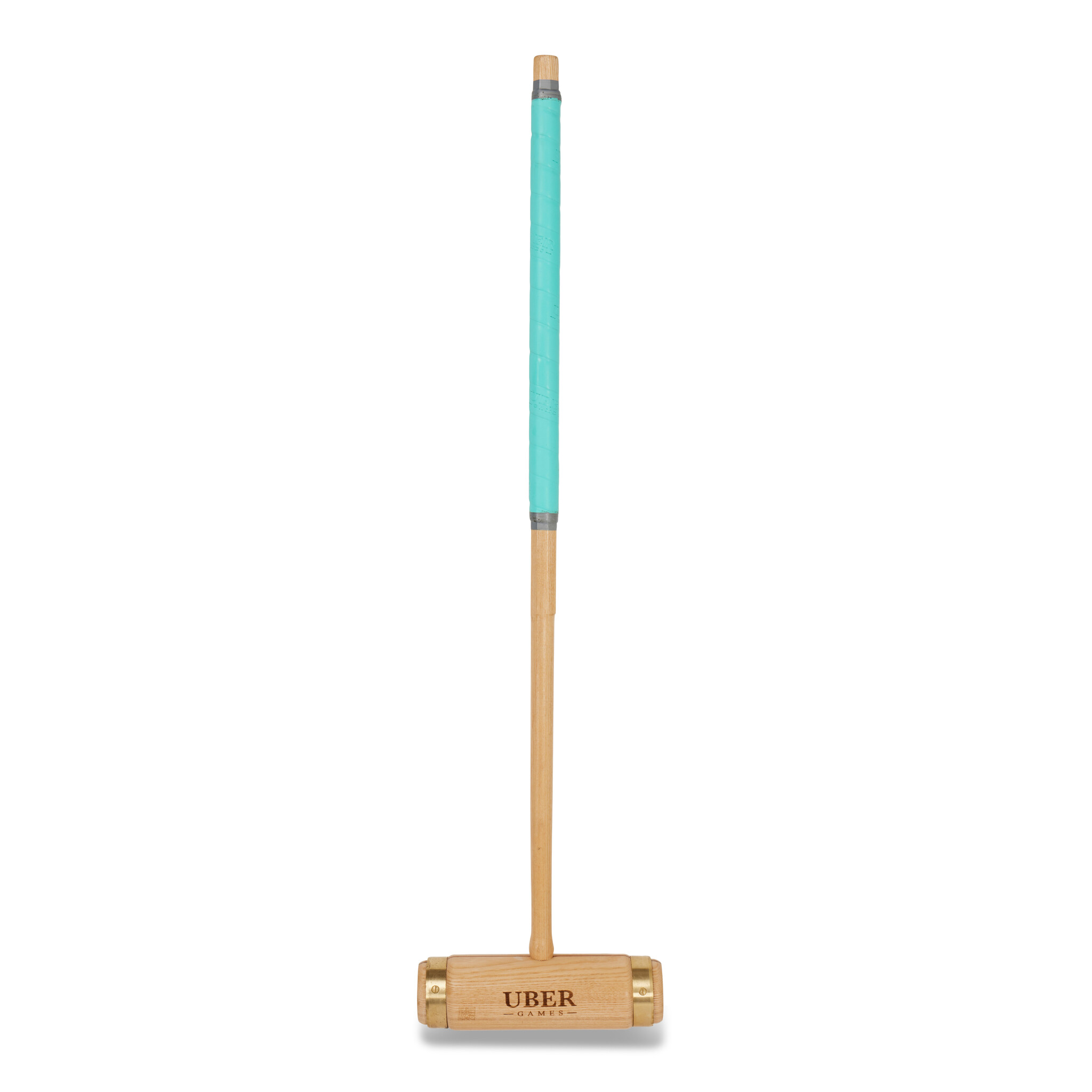 Ein Krocket-Schläger mit Holzgriff und hellblauem Griff.