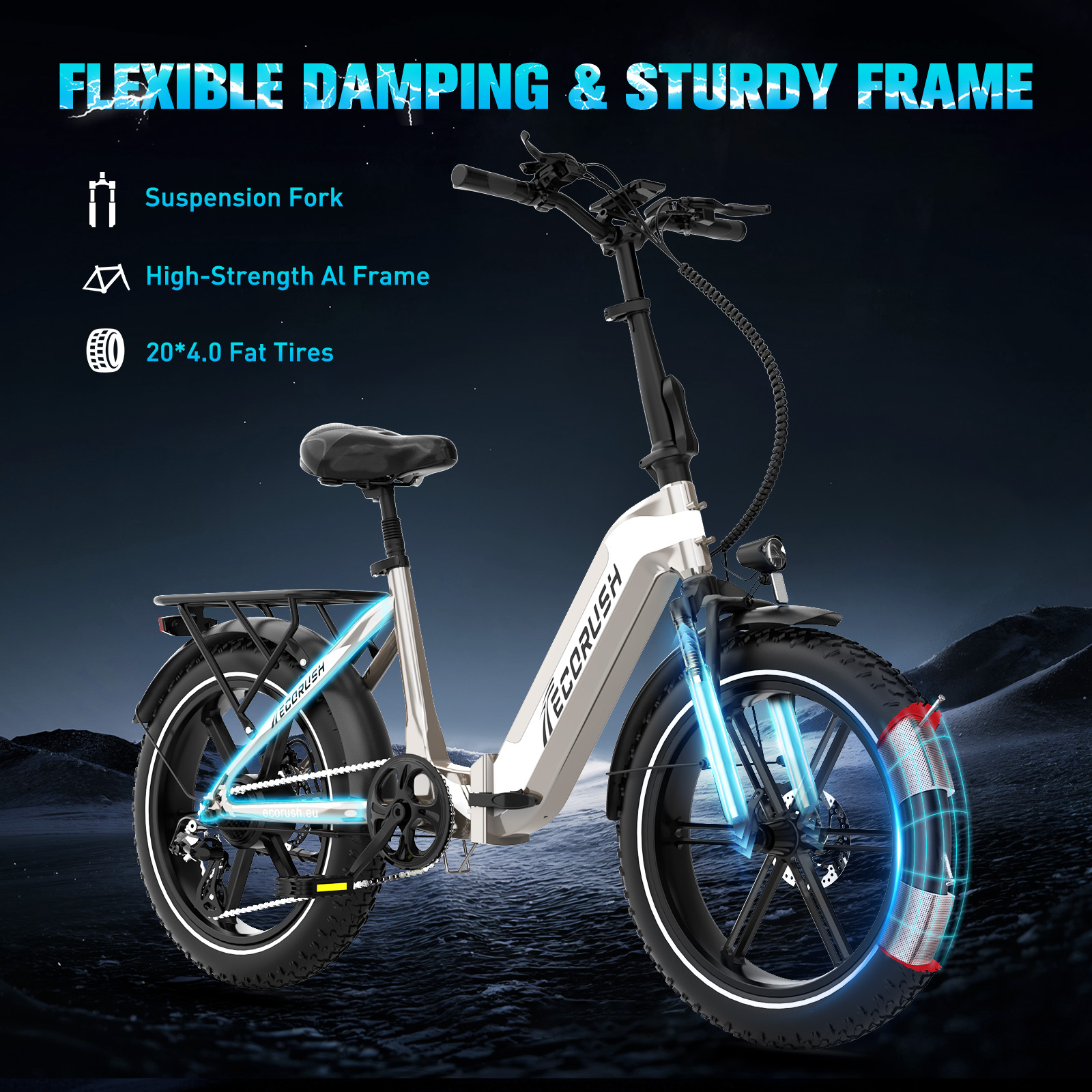 Biały rower elektryczny z czarnymi oponami i solidną ramą. Obraz pokazuje kluczowe cechy.