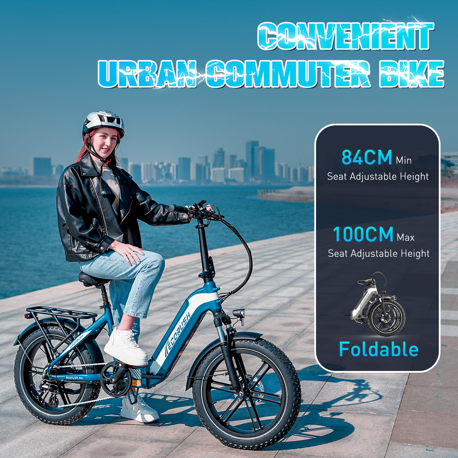Kobieta na niebieskim rowerze elektrycznym nad wodą; tekst o rowerze.