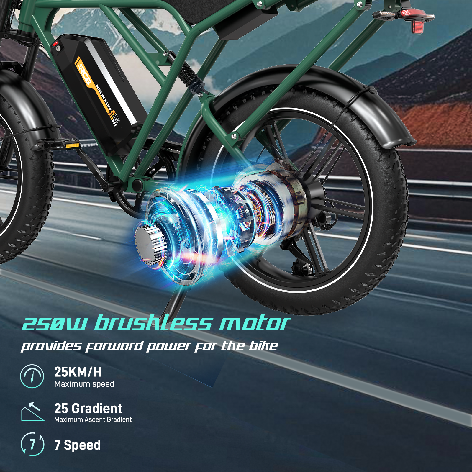 De motor van een elektrische fiets, met een visualisatie van de motorfunctie en belangrijke specificaties.
