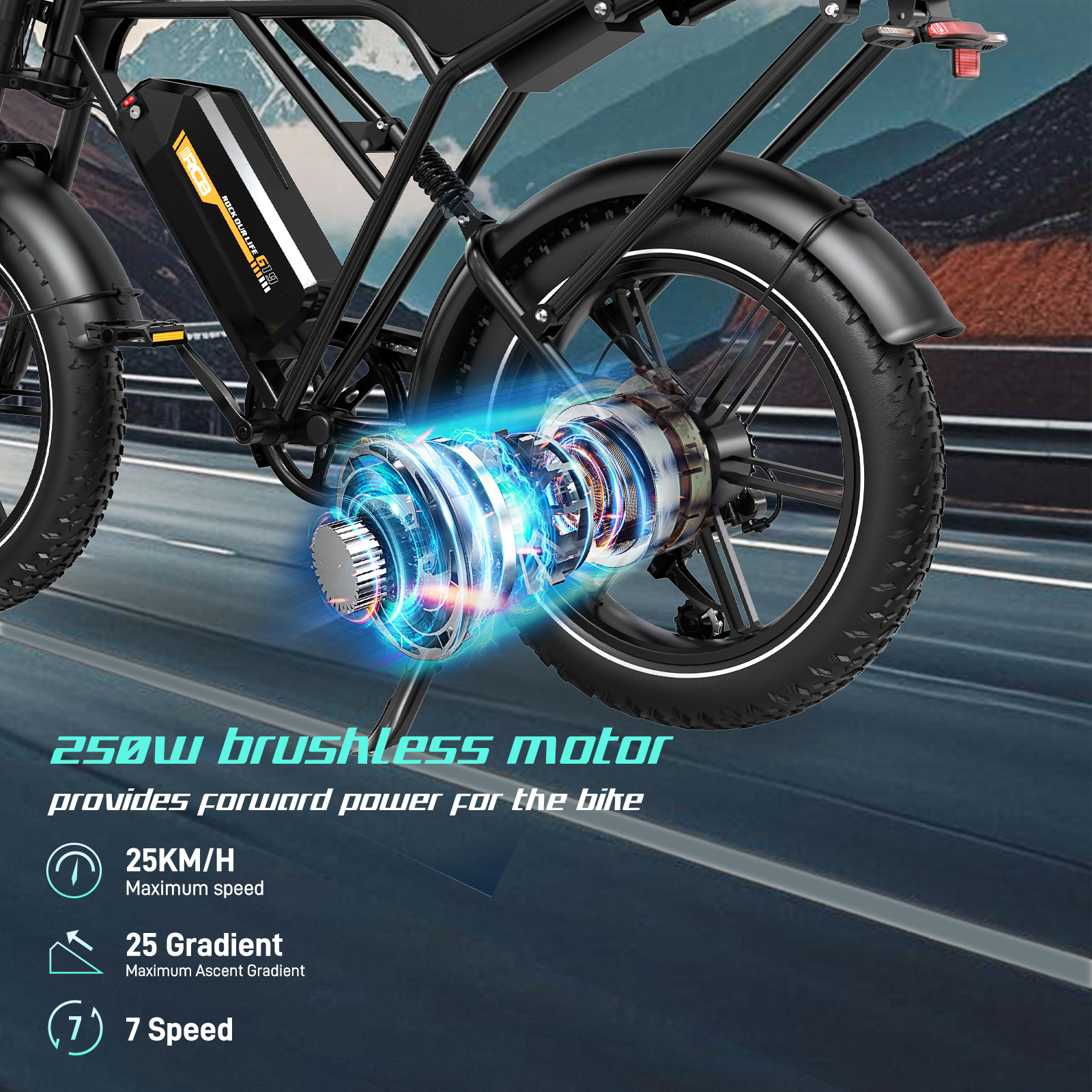 Nahaufnahme des E-Bike-Motors mit Text, der Geschwindigkeit, Steigung und Geschwindigkeit angibt.