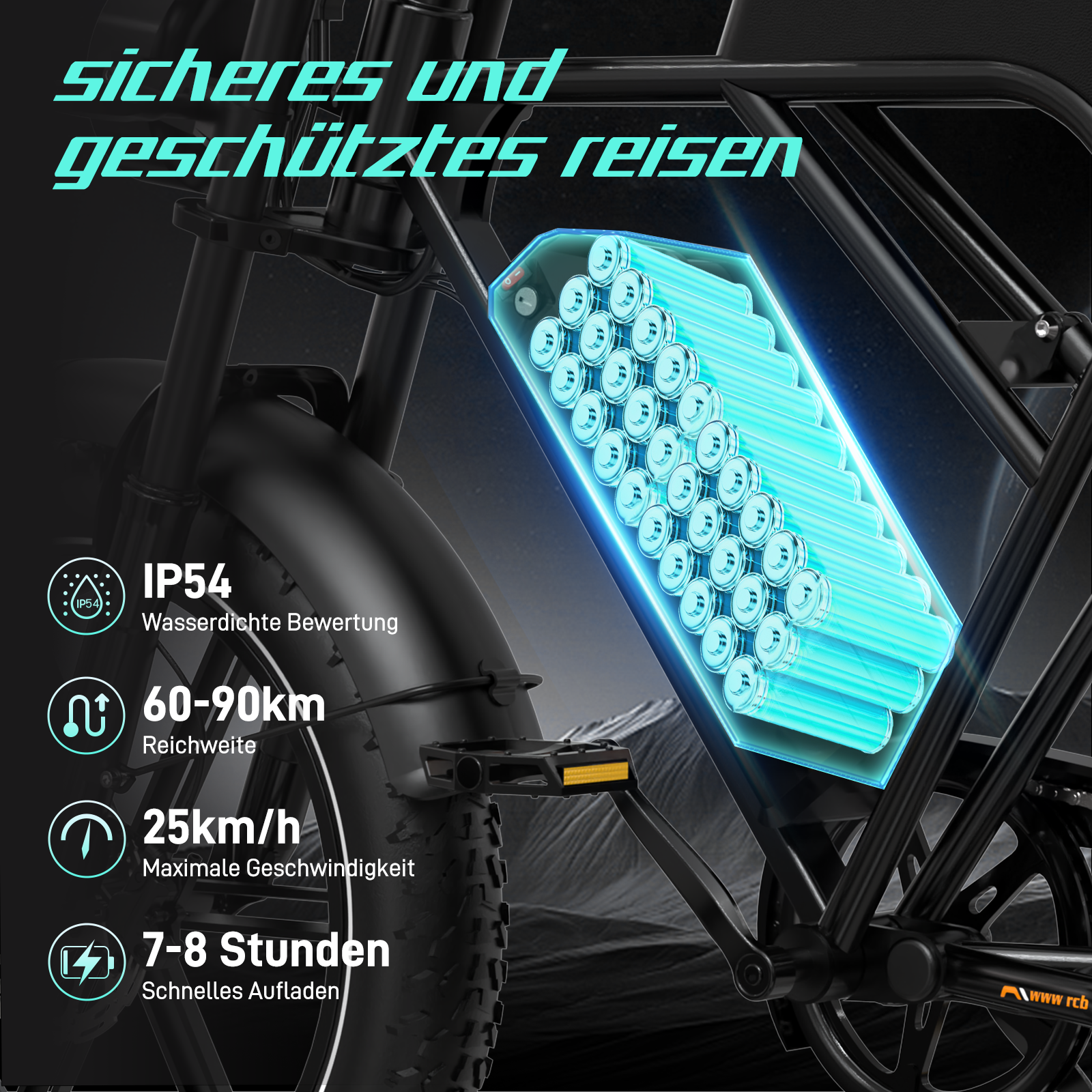 Close-up van een e-bike accupack met tekst, met waterdichtheid, bereik en snelheid.