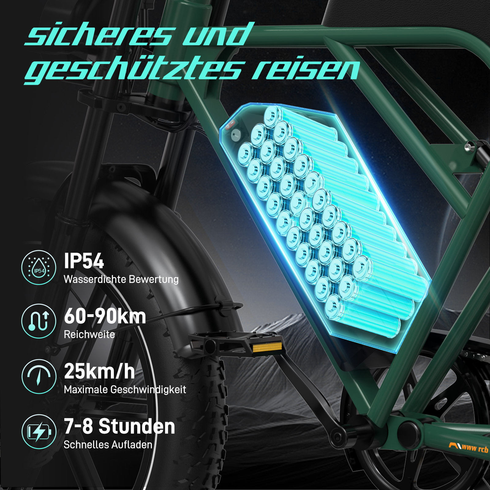 De batterij van een elektrische fiets, met informatie over de functies en Duitse tekst.