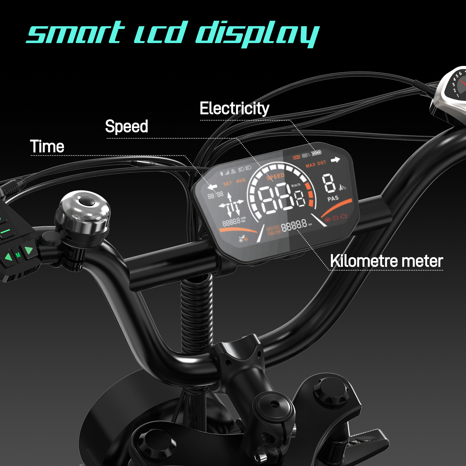 Nahaufnahme des E-Bike-Displays mit Geschwindigkeit, Zeit, Akkustand und anderen Metriken.