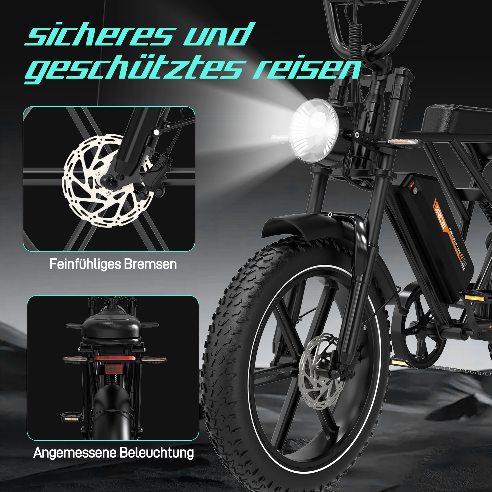 Nahaufnahme eines E-Bikes mit Bremsen und Lichtern, mit Text über sicheres Reisen.