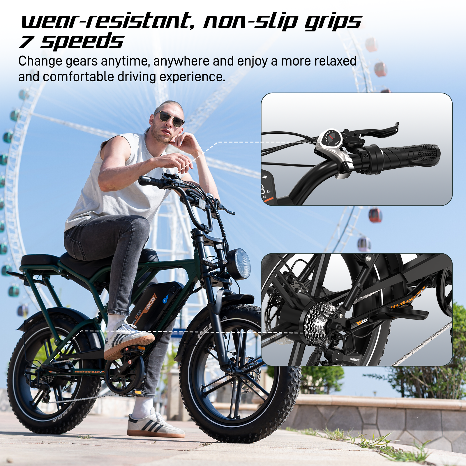 Ein Mann sitzt auf einem grünen Elektrofahrrad, mit Nahaufnahmen der Bedienelemente.