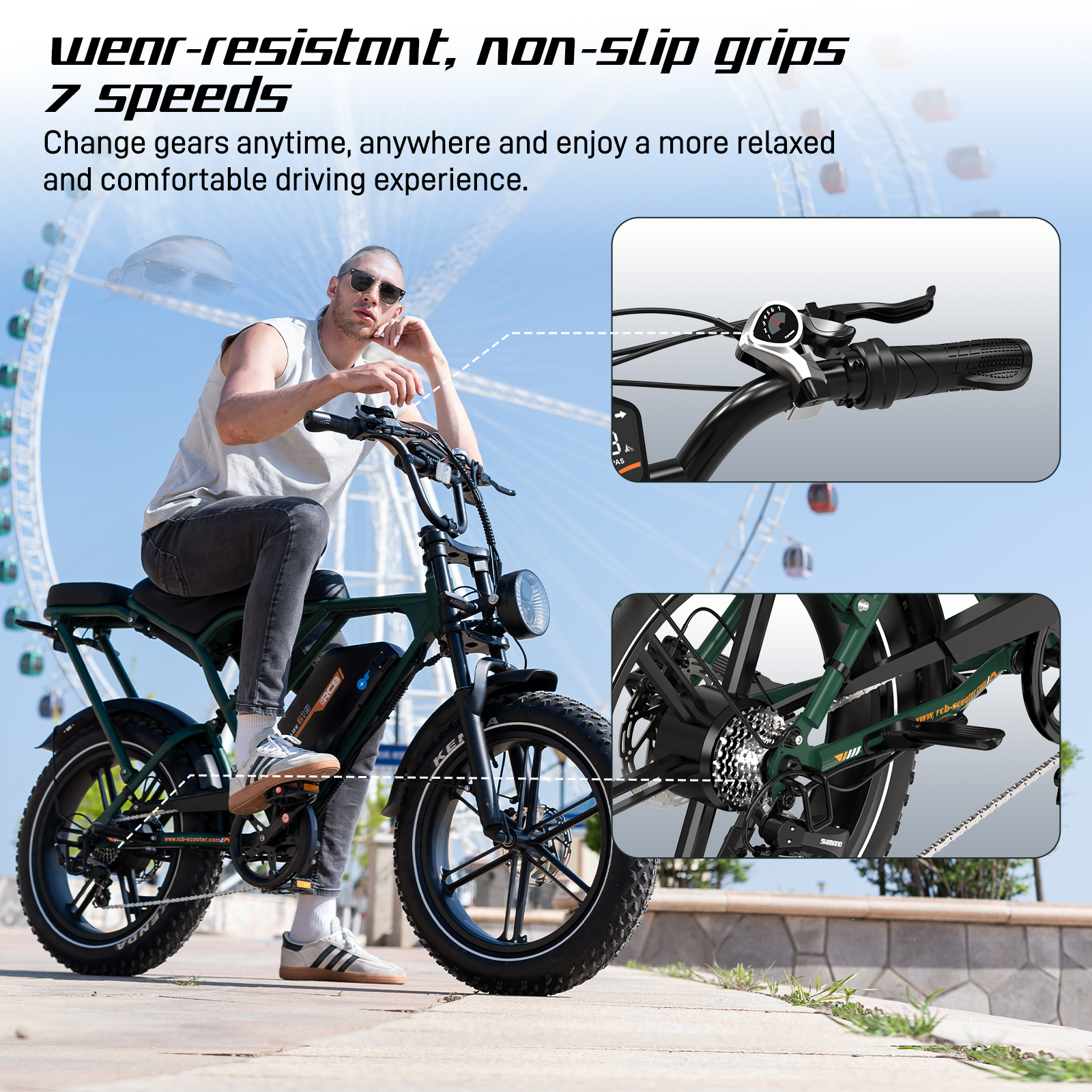 Man op groene e-bike. Kenmerken: slijtvaste grepen, 7 versnellingen, versnellingsdetails, reuzenrad.