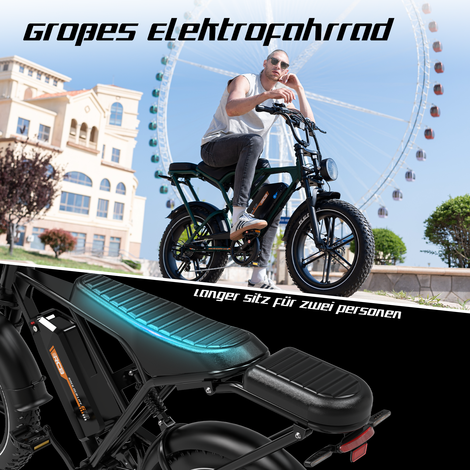 Mann fährt grünes Elektrofahrrad mit großem Sitz. Im Hintergrund ist ein Riesenrad zu sehen.