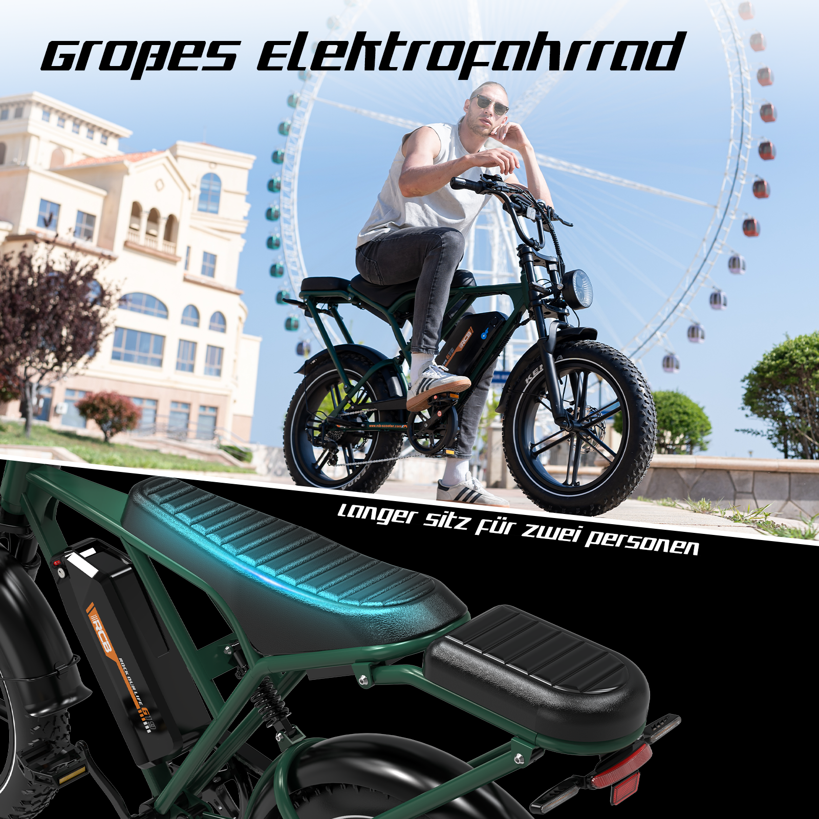Een man zit op een groene elektrische fiets, met tekst ter promotie van de functies en de zitting.