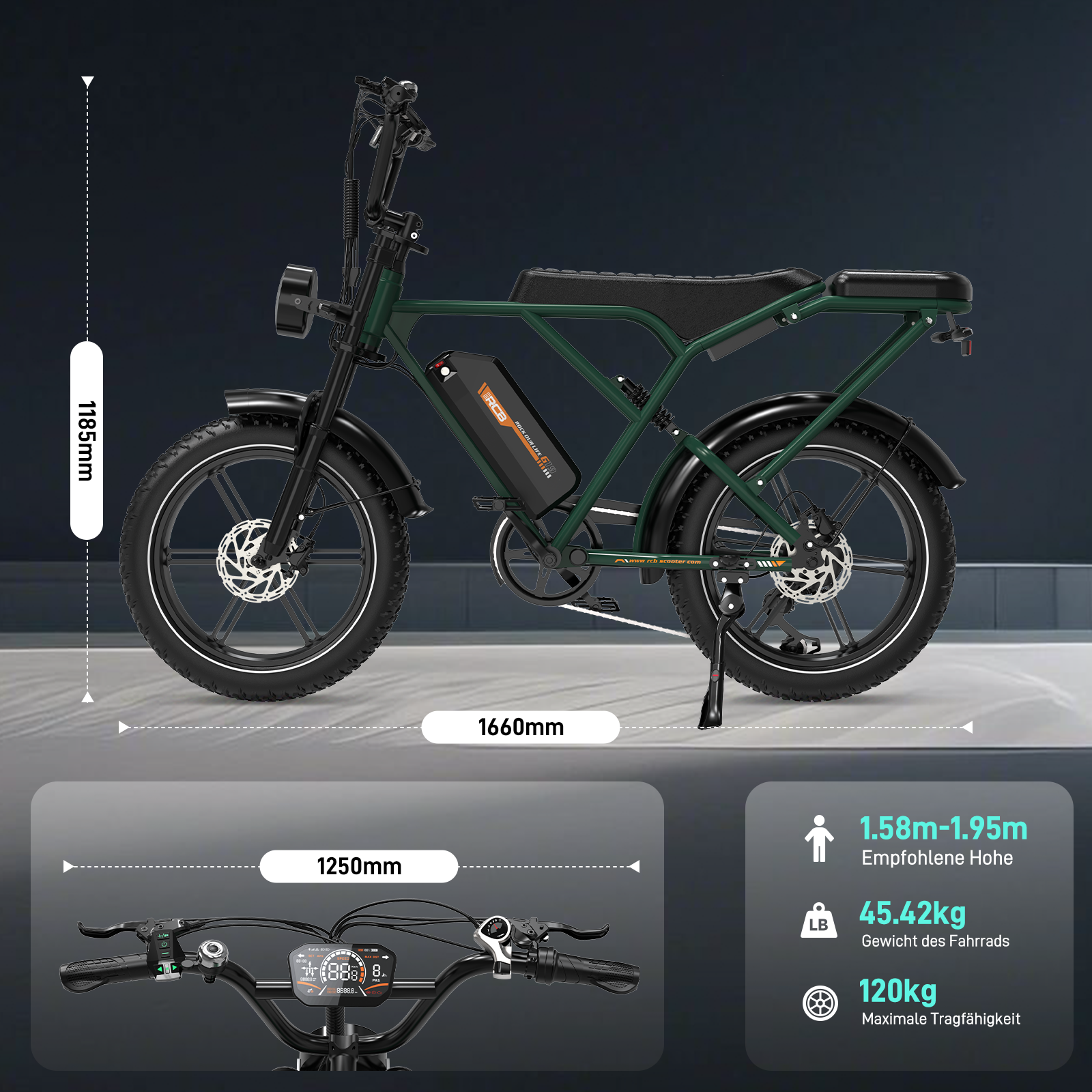 Groene elektrische motorfiets met afmetingen en informatie labels.