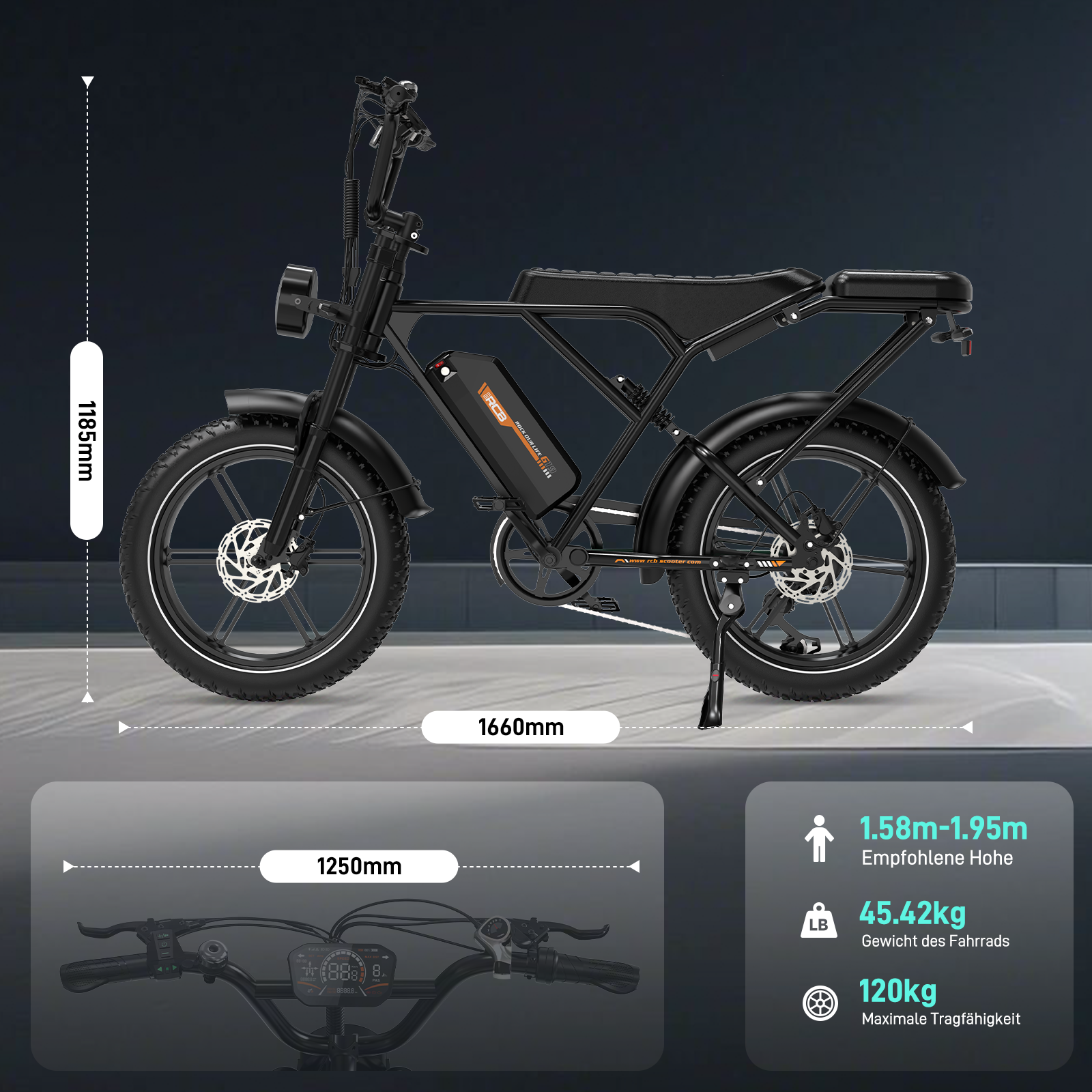 Schwarzes E-Bike mit Abmessungen. Es hat einen schwarzen Rahmen, große Reifen, Scheibenbremsen und ein digitales Display. Details zu Höhe und Gewicht sind enthalten.