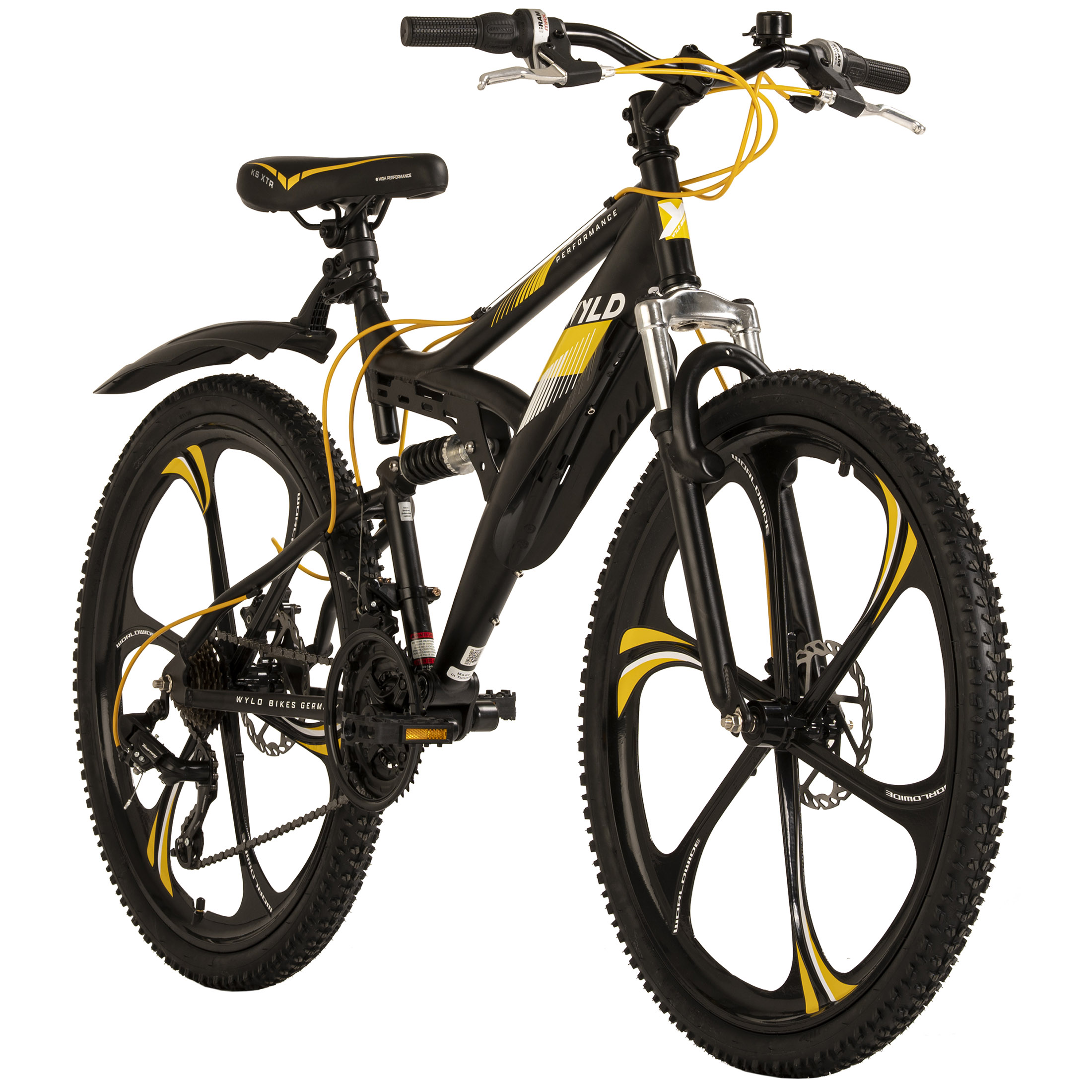 Schwarzes Mountainbike mit gelben Akzenten auf Reifen und Rahmen, auf weißem Hintergrund.