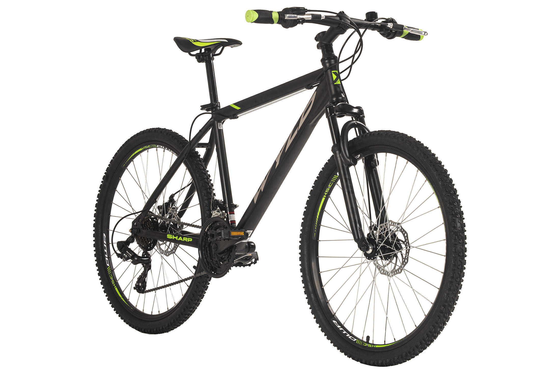 Schwarzes Mountainbike mit grünen Akzenten auf Weiß.