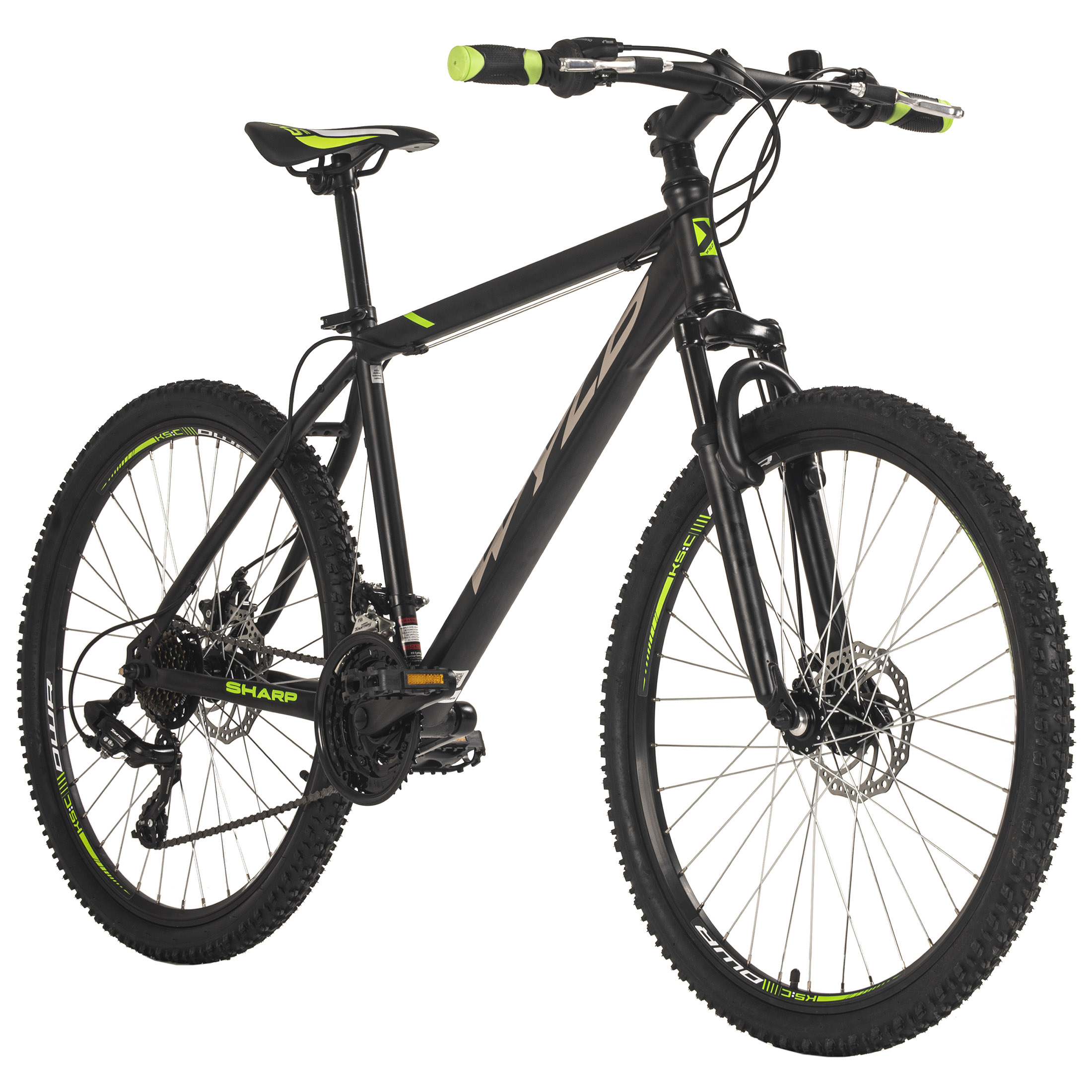 Schwarzes Mountainbike, Vorderansicht, weißer Hintergrund. Grüne Akzente und Scheibenbremsen.