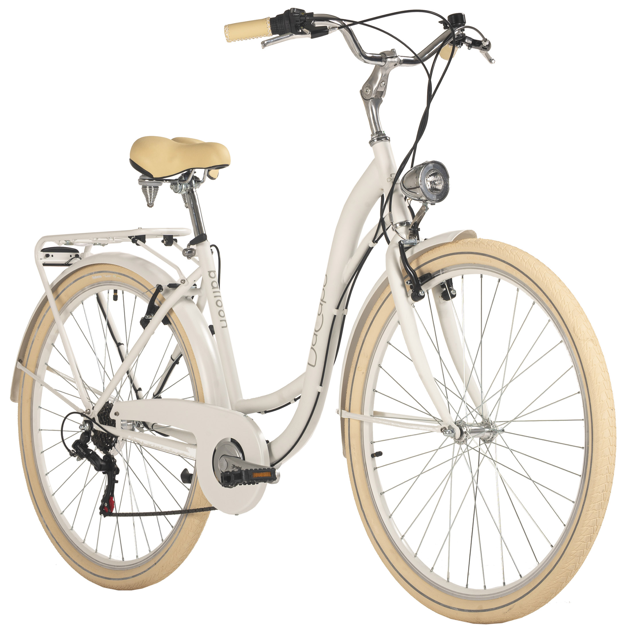 Cremefarbenes Fahrrad, Vorderansicht, weißer Hintergrund. Retro-Design mit Korb und beigen Reifen.