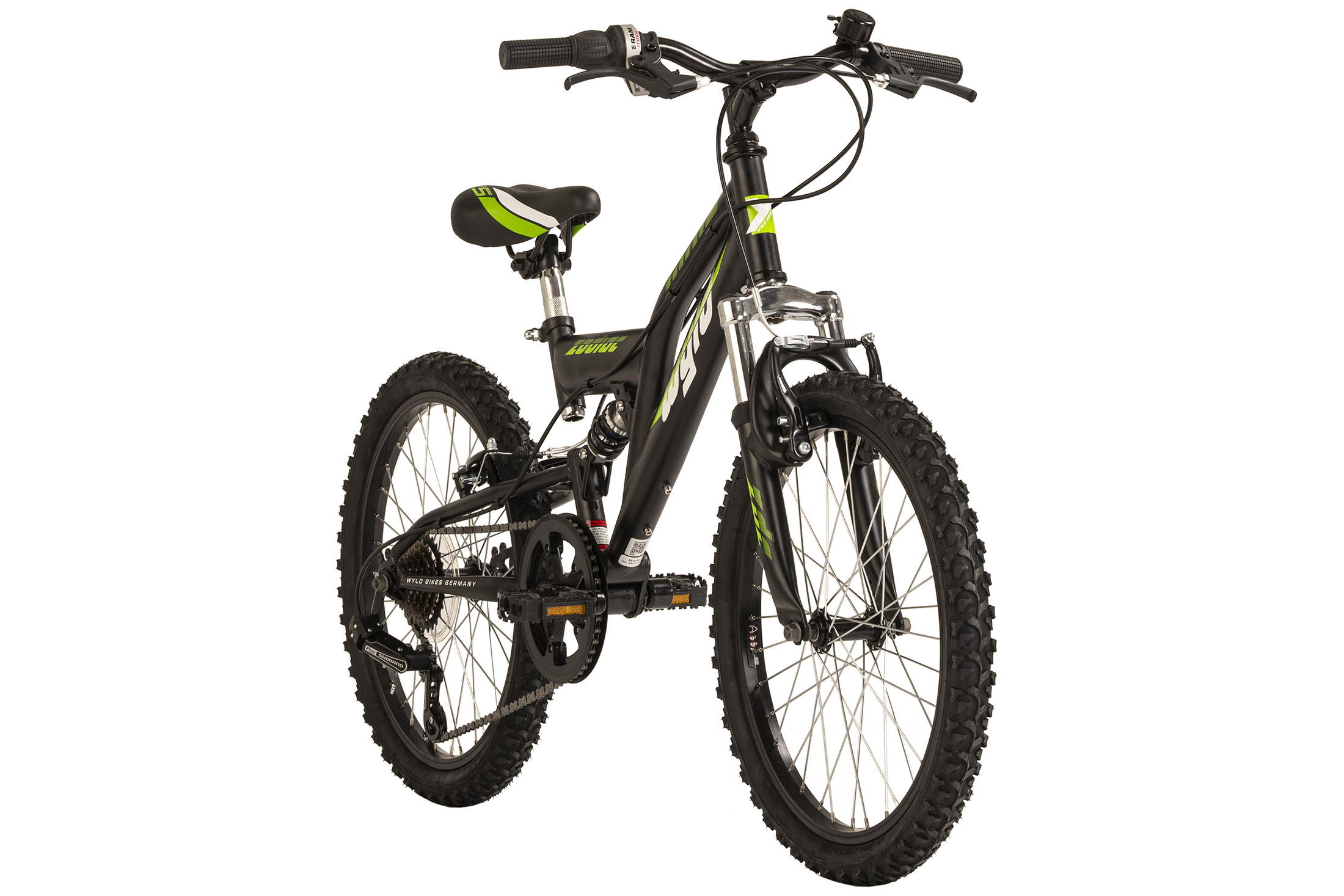 Ein schwarz-grünes Mountainbike. Das Vorderrad ist im Fokus, mit dem Markennamen 'WILD'.
