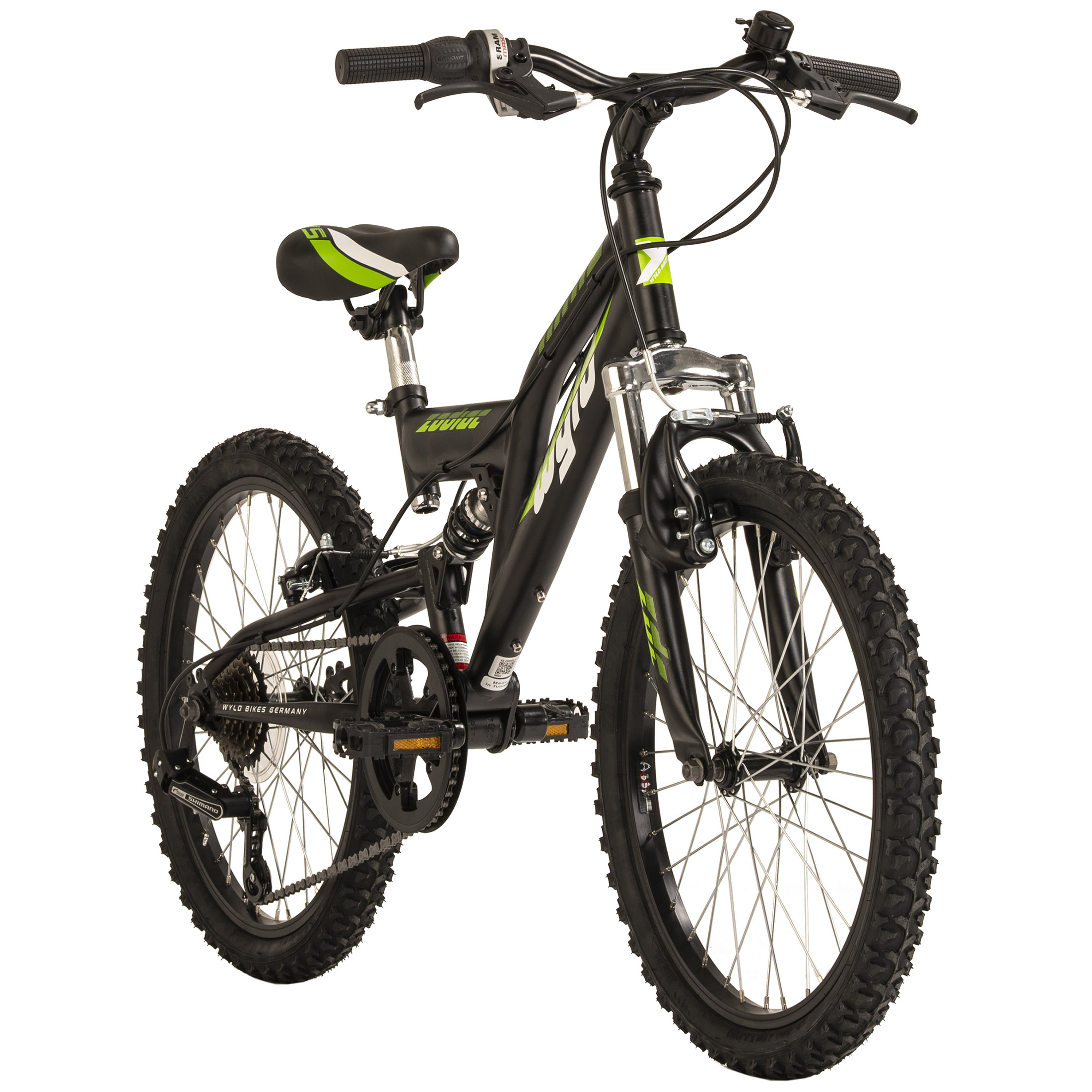 Schwarz-grünes Mountainbike. Merkmale sind Vorderradaufhängung und Stollenreifen.